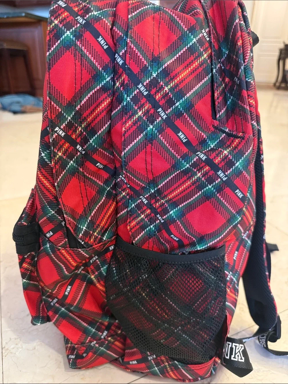 PINK Victoria's Secret Red Tartan Plaid Backpack with Black Trim NEW WITHOUT TAG